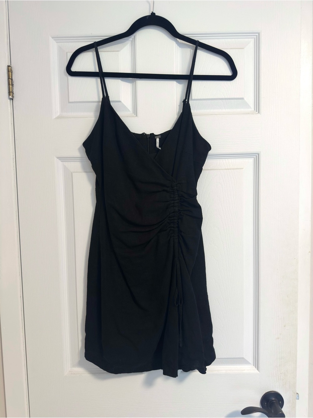 Black Ruched Mini Slip Dress with Spaghetti Straps